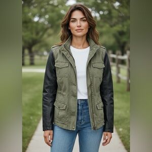 Therapy Olive Utility Jacket Faux Leather Sleeves Army Green Women’s M